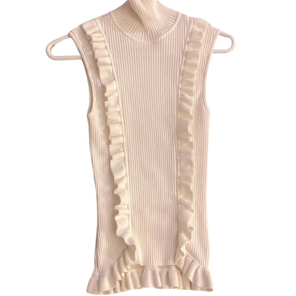 CINQ A SEPT Ruffle Front Sleeveless Mock Neck Sweater Ruffle Bottom Hem EUC - Picture 9 of 13
